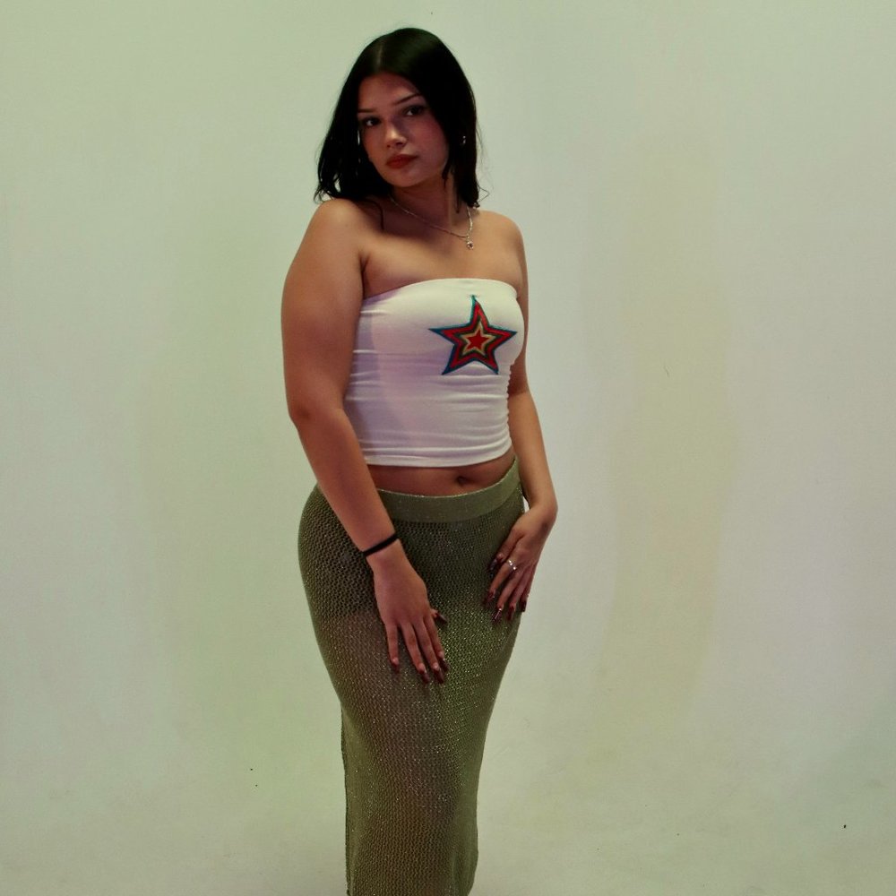 Iridescent green mesh skirt + star tube top